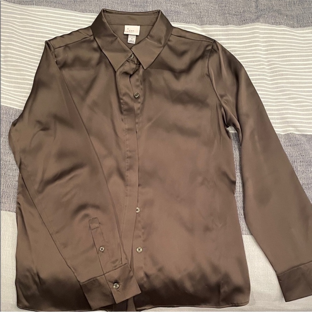 A New Day Olive Green Satin Button-Up Blouse Work Business Casual Office